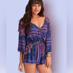 American Eagle Purple Wrap Boho Shorts Floral Romper Dress Sz S Witchy Whimsigot